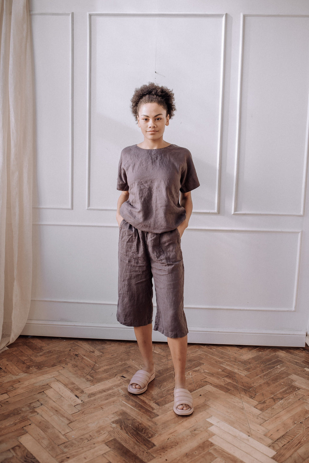 Linen Pajama Set: Women's Cropped Pants & Short Sleeve Tee