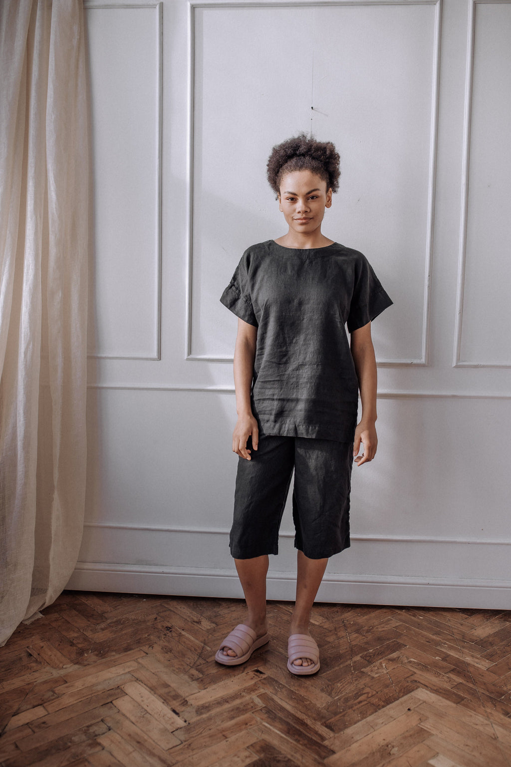 Linen Capri Set: Relaxed Fit Shirt & Elastic Waist Pants