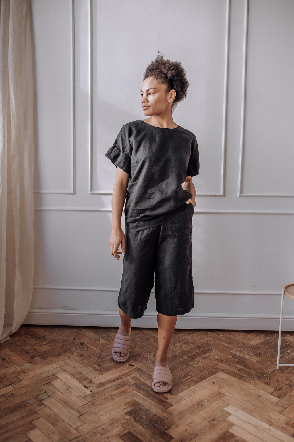 Linen Capri Set: Relaxed Fit Shirt & Elastic Waist Pants